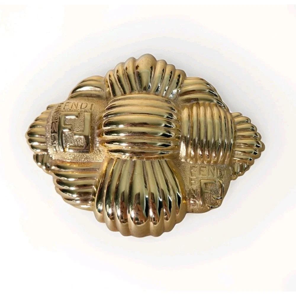 Vintage Fendi Designer Gold Plated Basket Weave Brooch 80s 90s Runway Pin
